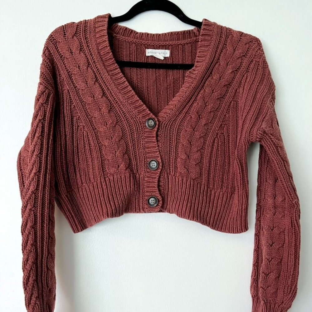 Aeropostale Rust Brick Brown Button V-Neck Soft Cardigan Cropped Cable-Knit